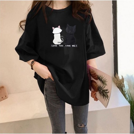 스타일아유 여성 고양이 오버핏 반팔 롱 티셔츠