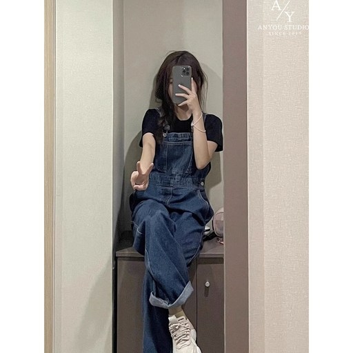ANYOU 여름 여자 반바지 점프수트 넉넉한 멜빵 바지 청바지
