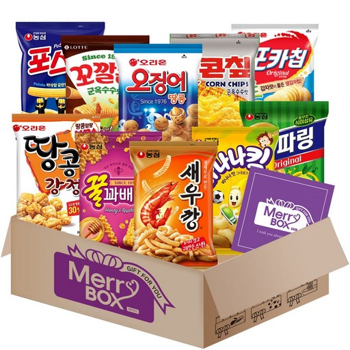 [메리박스] 농심스낵 10종세트 2호(새우깡+꿀꽈배기+포스틱+양파링+바나나킥+땅콩강정+포카칩오리지날+오징어땅콩+꼬깔콘군옥수수+콘칩)+메세지카드