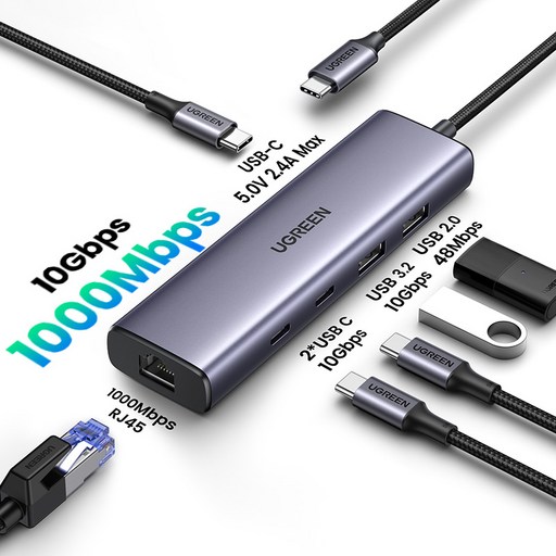 UGREEN 유그린 1000Mbps USB C 이더넷 어댑터 10Gbps USB3.2 Gen2 5 in 1 USB C 허브 노트북 맥북 윈도우 XPS 아이패드 프로 이더넷 연결용