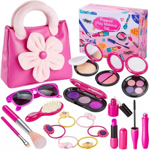 GiftInTheBox 프레젠드 메이크업 키트 for Girls 핑크 플로럴 토트백으로 리틀 걸즈 에이지 3+ 그레이트 앤 생일 선물(진짜, 1, 단일옵션