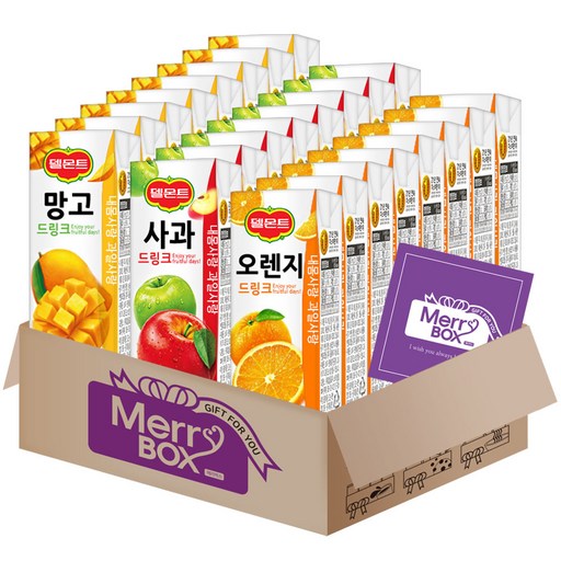 [메리박스]과즙팩음료세트 3종 30팩 롯데칠성 델몬트드링크(오렌지x10+망고x10+사과x10)+메세지카드