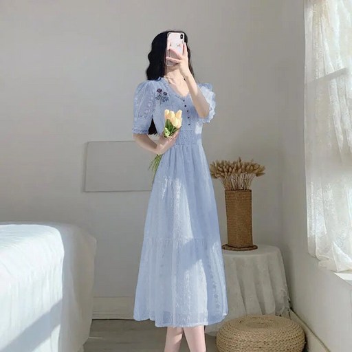 ANYOU 여성 화이트 원피스 레이스 슬림핏 휴양지 키작녀 롱원피스 치마