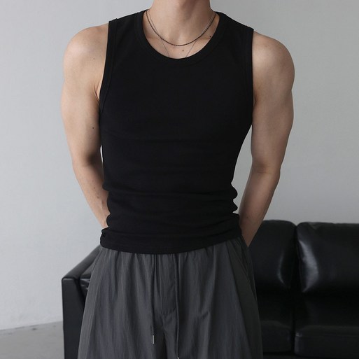 베이직바이블 남자 골지 나시 민소매 고탄력 스판 머슬핏 짐웨어 탄탄한 티셔츠