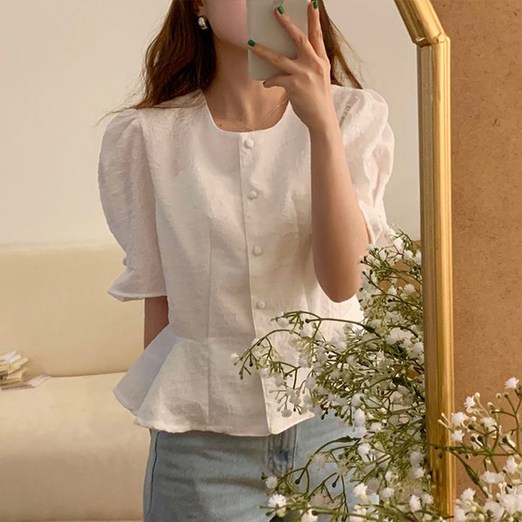 라라홀리 클래식 자카드 프릴 퍼프 반팔 자켓 블라우스