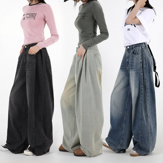 오버나인 여자 여성 와이드핏 벌룬 데님 워싱 핀턱 팬츠 청바지