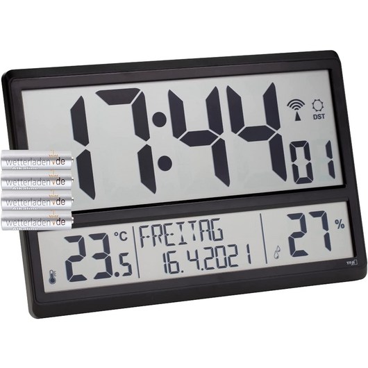 벽시계TFA Dostmann XL 60.4520.01 온도 및 습도 기능이 있는 디지털 벽시계 요일(8개 언어) 무선 제어, 02 블랙 배터리.