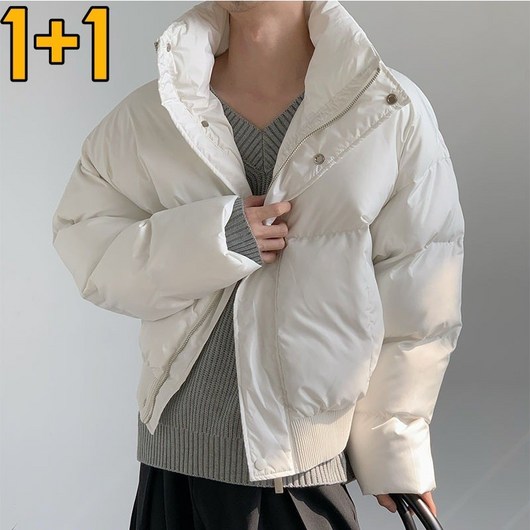 1+1 남녀공용 경량 숏 패딩점퍼 포켓 지퍼 버튼 긴팔 숏 겨울 점퍼 자켓 MY-005