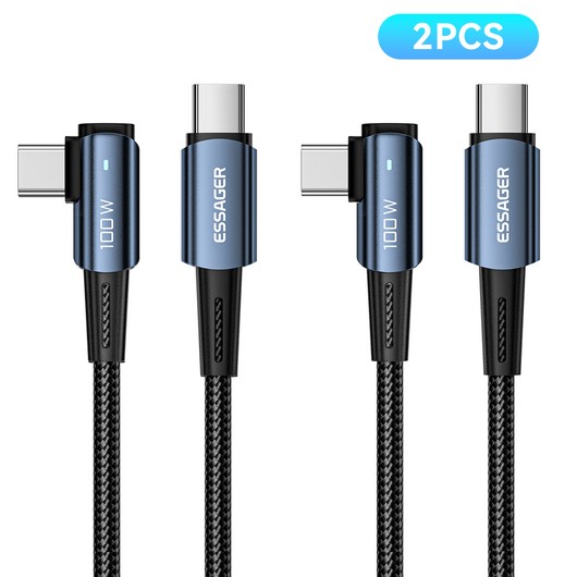 Essager 90도 C타입 PD 100W 초고속충전케이블 2개입 iphone 16 고속충전 지원, 블루, 2개, 1m