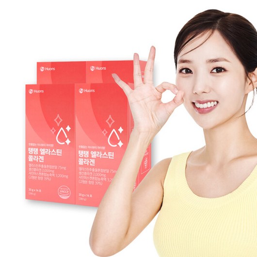 [휴온스] 엘루비 탱탱 먹는 이소 데스모신 엘라스틴 콜라겐 젤리 14포 × 4박스 8주분, 20g