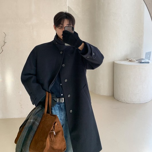 남자 울 발마칸 오버핏 롱 네이비 코트
