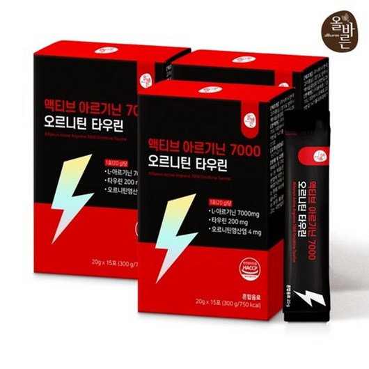 올바른 액티브 아르기닌 7000 오르니틴 타우린 3박스(총 45포), 300g