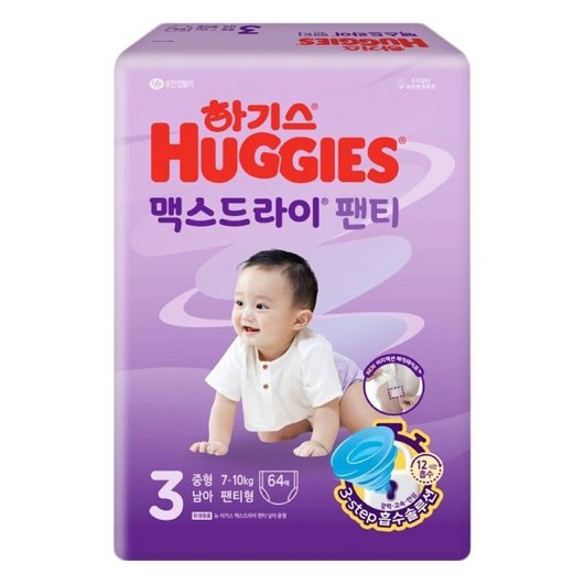 하기스 맥스드라이 팬티 기저귀 3단계 팬티형 중형 남아용 64매, 중형(M)