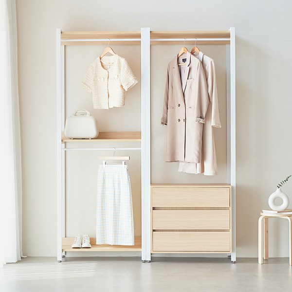  퍼리든 큐브 드레스룸 시스템 행거 2단 + 서랍행거 오크 방문설치, 화이트오크 