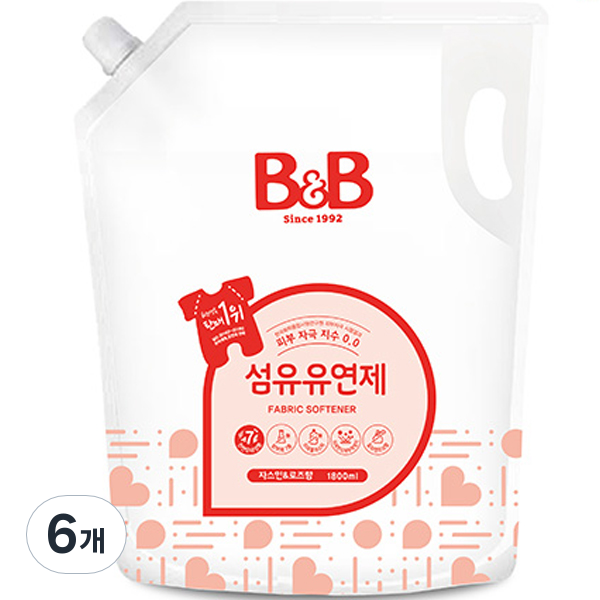 비앤비 섬유유연제 자스민향 리필형, 1800ml, 6개