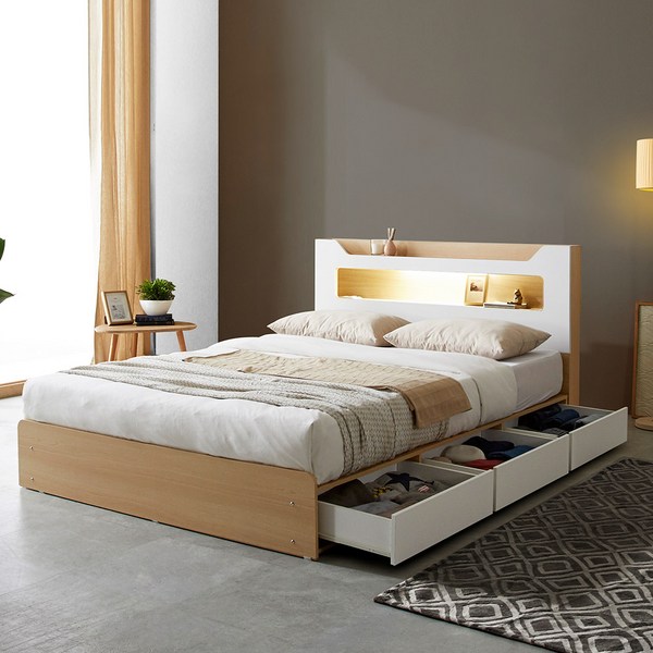  로건 LED 통서랍 수납침대 + 매트리스 방문설치, 화이트 + 오크 