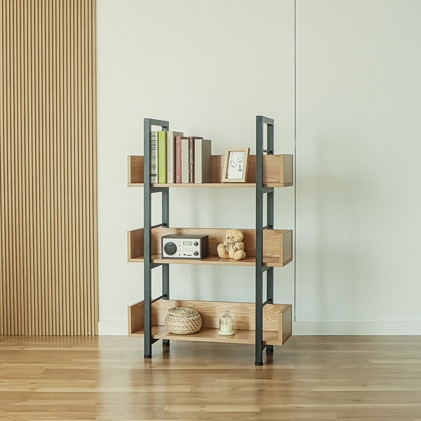  제련공단 철제책장 800 3단 사각프레임 책장 낮은책장 진열장 장식장 책꽂이 수납 선반, J03 블랙프레임_아카시아 