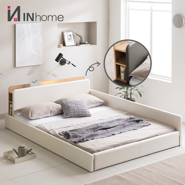 인홈 라온 헤드수납 LED 저상형 침대, 슬림형, 아이보리