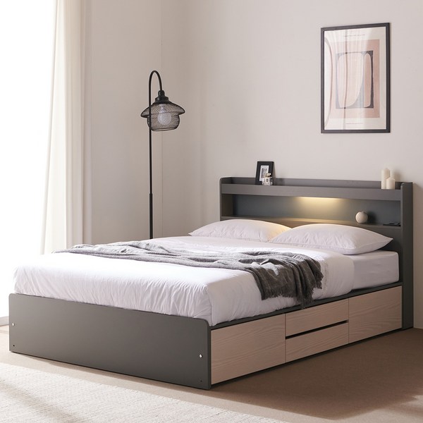 바로방가구 샤인 LED 수납형 서랍형 슈퍼싱글 퀸 침대 프레임 ss q, 슈퍼싱글(SS)/4단서랍형(매트리스제외), 그레이워시