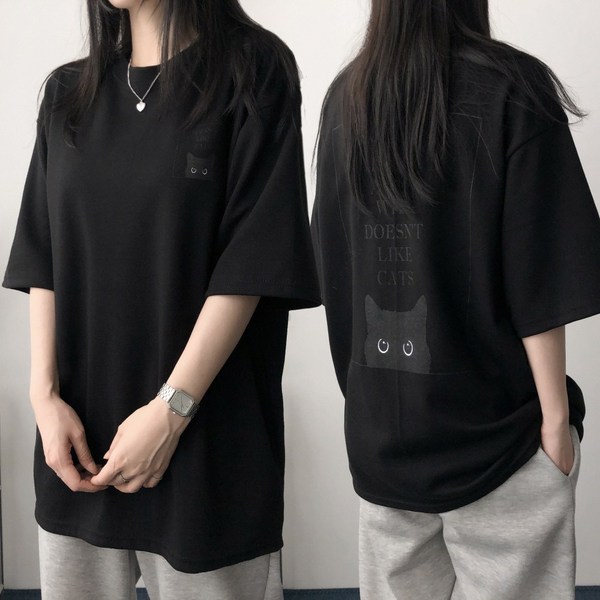 레이디스룸 고양이 프린팅 반팔티