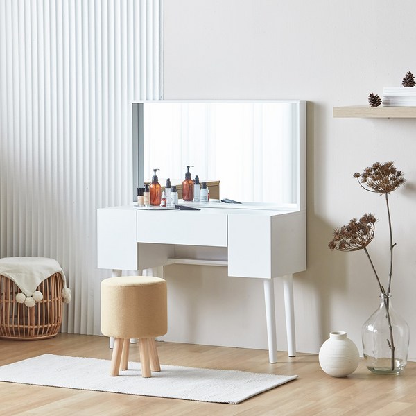 [예쁜스툴 포함] 파로마 노라 수납화장대 + 랭거 패브릭스툴 / 원룸화장대 좌식화장대 콘솔 원목화장대, 오크, 랭거(딥그린 아이보리)