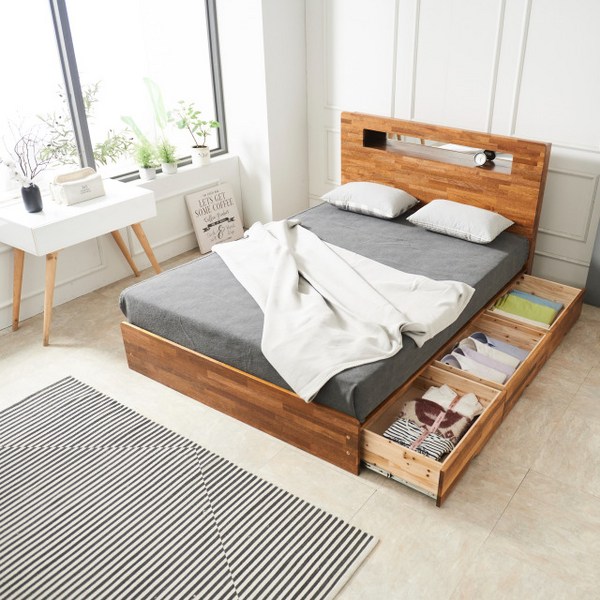 우디 멀바우원목 수납침대 LED조명헤드형 (SS/Q), 퀸(Q)