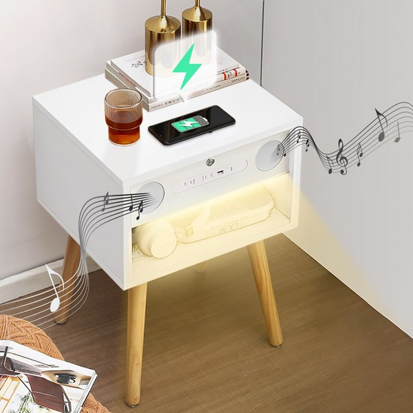  2FAC 스마트 협탁 사이드 보조 테이블 무선충전 센서등 블루투스스피커, 화이트 