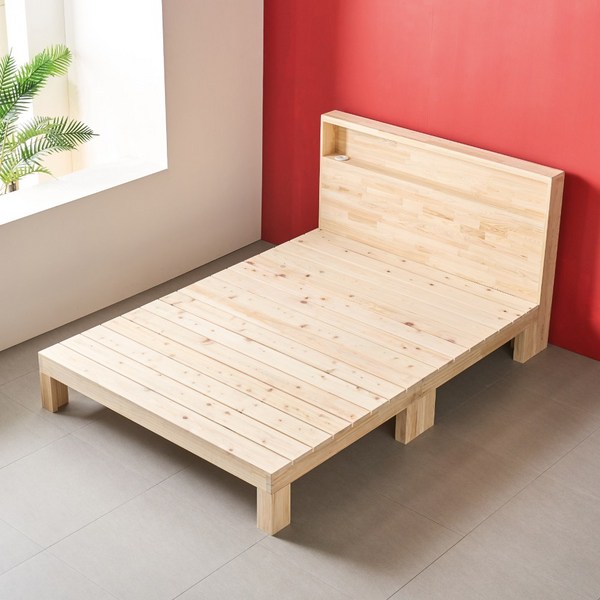 미엔우드 천연 편백나무 레드파인 통원목 침대 프레임 선반 수납 평상 3단 LED 매트리스 싱글 슈퍼싱글 더블 퀸 킹, 완조립 편백침대 수납헤드형(LED+USB)