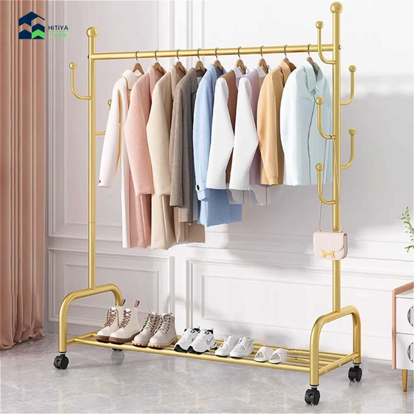  히티야 바퀴달린 1단 이동식 행거 튼튼한 골드 옷걸이 행거 대용량 홈행거 스틸 스탠드 옷걸이 바지걸이 행거 업그레이드형, 골드 옷걸이행거 