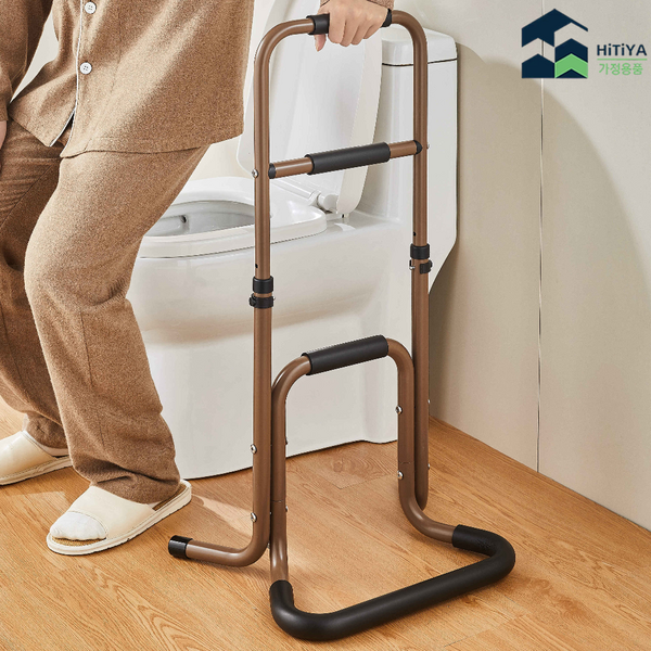 히티야 높이조절 무타공 조립식 변기 욕실 화장실 침대옆 안전손잡이 안전바 지지대 보조 환자용 노인용 장애인 보조대, 브라운, 1개