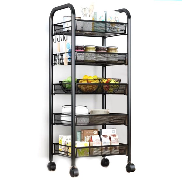  코믈리 이동식 트롤리 철제 선반 카트, 블랙, 5단 