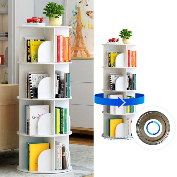  360도 회전 서재 책꽂이 화이트 이동식 2단 4단 원형 세로 유로 책장 