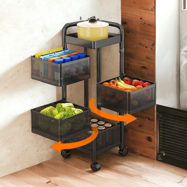 쪼이소 이동식 회전트롤리 철제 기저귀수납 다용도 주방 선반 블랙
