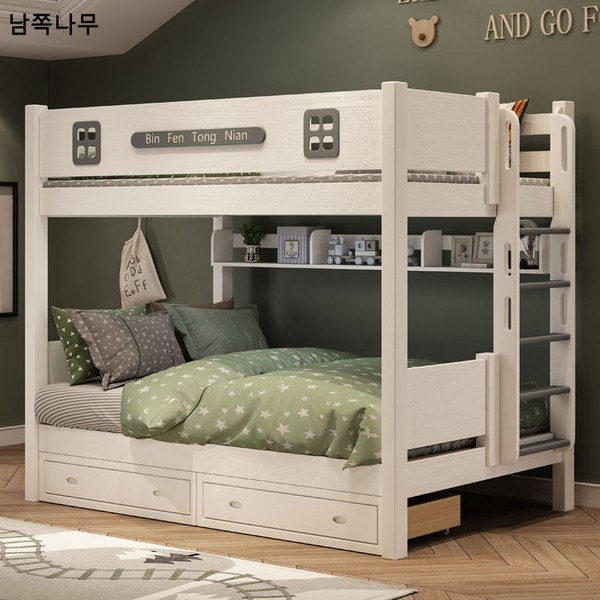 전 원목 상하 2층 침대 상하 자모 저상 고가 침대 학생-패밀리형 2인용 원목 이층침대, 사이드직사다리상하동폭침대+매트리스+책장서랍, 1500mm*2000mm, 흰색