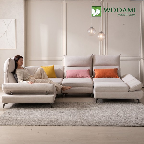 우아미가구 윈 5인 코너형 코브라 스윙 갤럭시 패브릭 소파+스툴, 크림