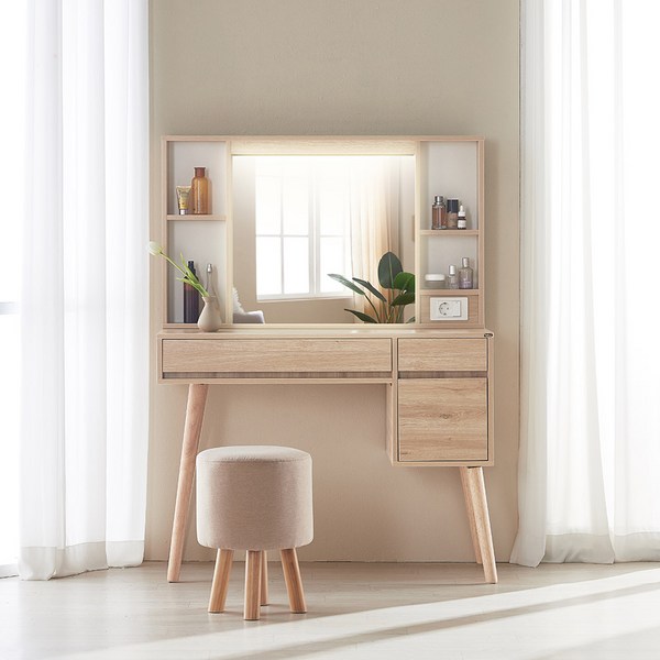  [예쁜스툴 포함] 파로마 베시 LED 수납서랍 화장대 + 스위트 원형스툴 / 원목다리화장대 콘솔 거울화장대, 화이트, 스위트(옐로우) 