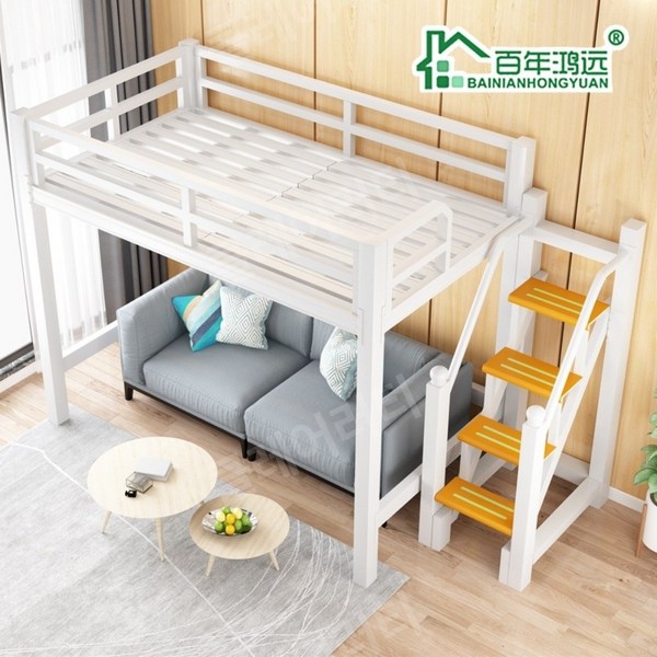  성인벙커침대 철제 리프팅 복층 프레임 웜룸 철 침대 침대 아래 테이블 직원 기숙사 학생 아파트 조합 침대, 흰색침대 보드 사이드 사다리측면은 좌우 교환 