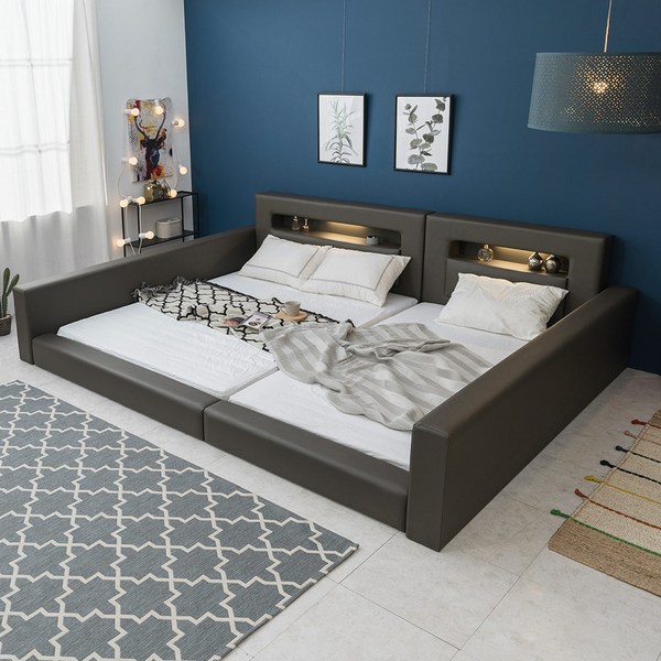 브라보가구 캐서린 LED 패밀리 ㄷ형 침대 +프리미엄 독립매트리스, 아이보리