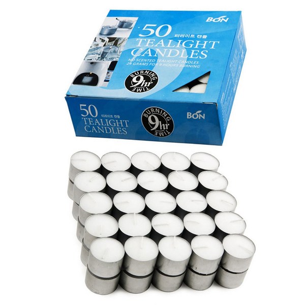 [BON Candle] 무향 흰색 티라이트 캔들 9시간 연소 24g 50개 멀티팩 결혼식 파티 분위기 연출용 양초, 1.2kg, 1박스