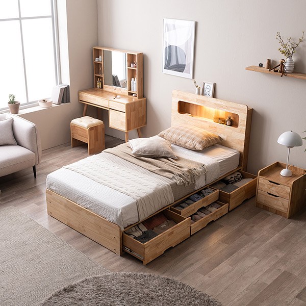 [삼익가구]러버 LED 4단 수납 원목 침대(YS 파워 본넬스프링 매트리스-슈퍼싱글), 내추럴