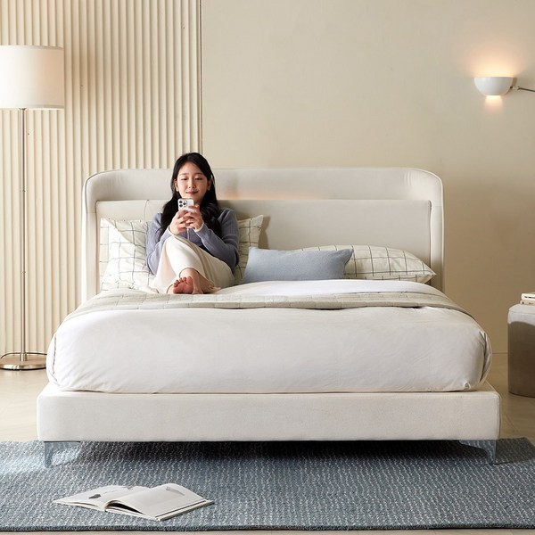 웰퍼니쳐 위니 무선충전 LED 아쿠아텍스 패브릭 침대 퀸 Q, 웜 베이지_위니Q, 저상형(5cm)_위니Q