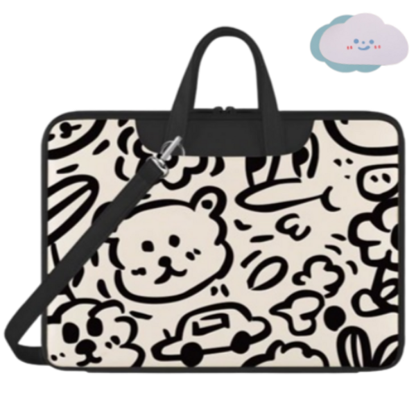큐앤캐롯 귀여운 노트북 가방 캐릭터 방수 파우치, 곰돌이의 낙서, 15-16인치