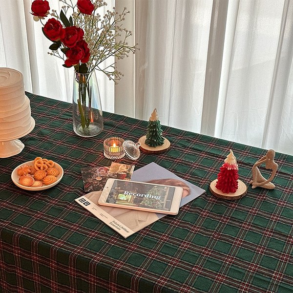  뷰라뷰 크리스마스 체크 사각 원형 테이블보 식탁보, 140x220, 그린 