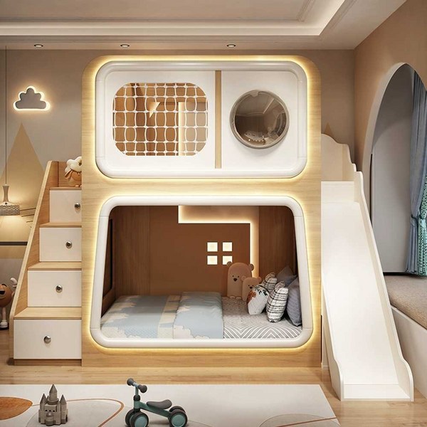 미끄럼틀 침대 벙커 원목 수납 고급 책상 초등학생, 침대+책장 1500x1900mm