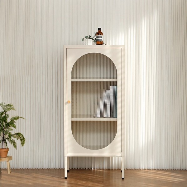  바네스데코 모루 유리 아치형 철제 장식 수납장 캐비넷 (5컬러), 아이보리 
