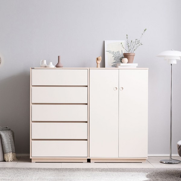  장인가구 크라운 빅 서랍장 옷장 세트B (5단서랍장+낮은옷장), 아이보리+아이보리(서랍장) 