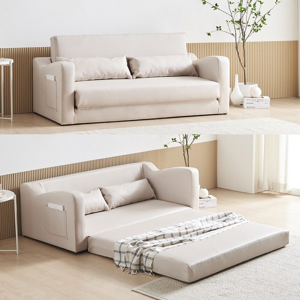  수오 로즈망 방수가죽 3인용 접이식 소파베드, 아이보리 