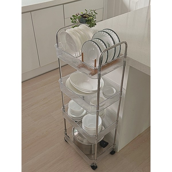 오날 투명 아크릴 이동식 수납 트롤리 4단