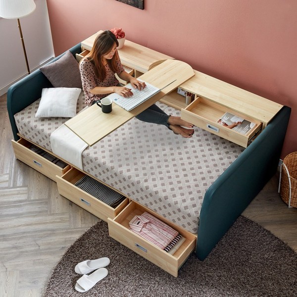 조타2 수납 싱글 침대, 카키+파워매트리스