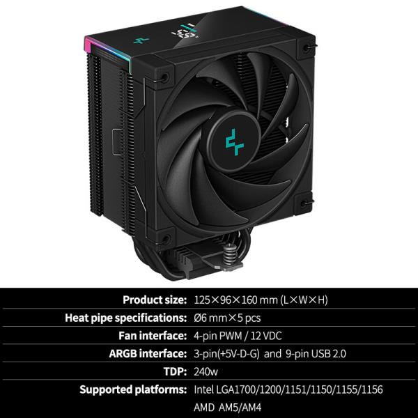 에어쿨러 DeepCool AK500S CPU 쿨러 디지털 WH AM5 1850 RPM PWM 실시간 디스플레이 쿨링 에어 5 히트 파이프 냉각, 1) AK500S - 없음 RGB-Black, 01 AK500S_01 Black_01 없음 RGB